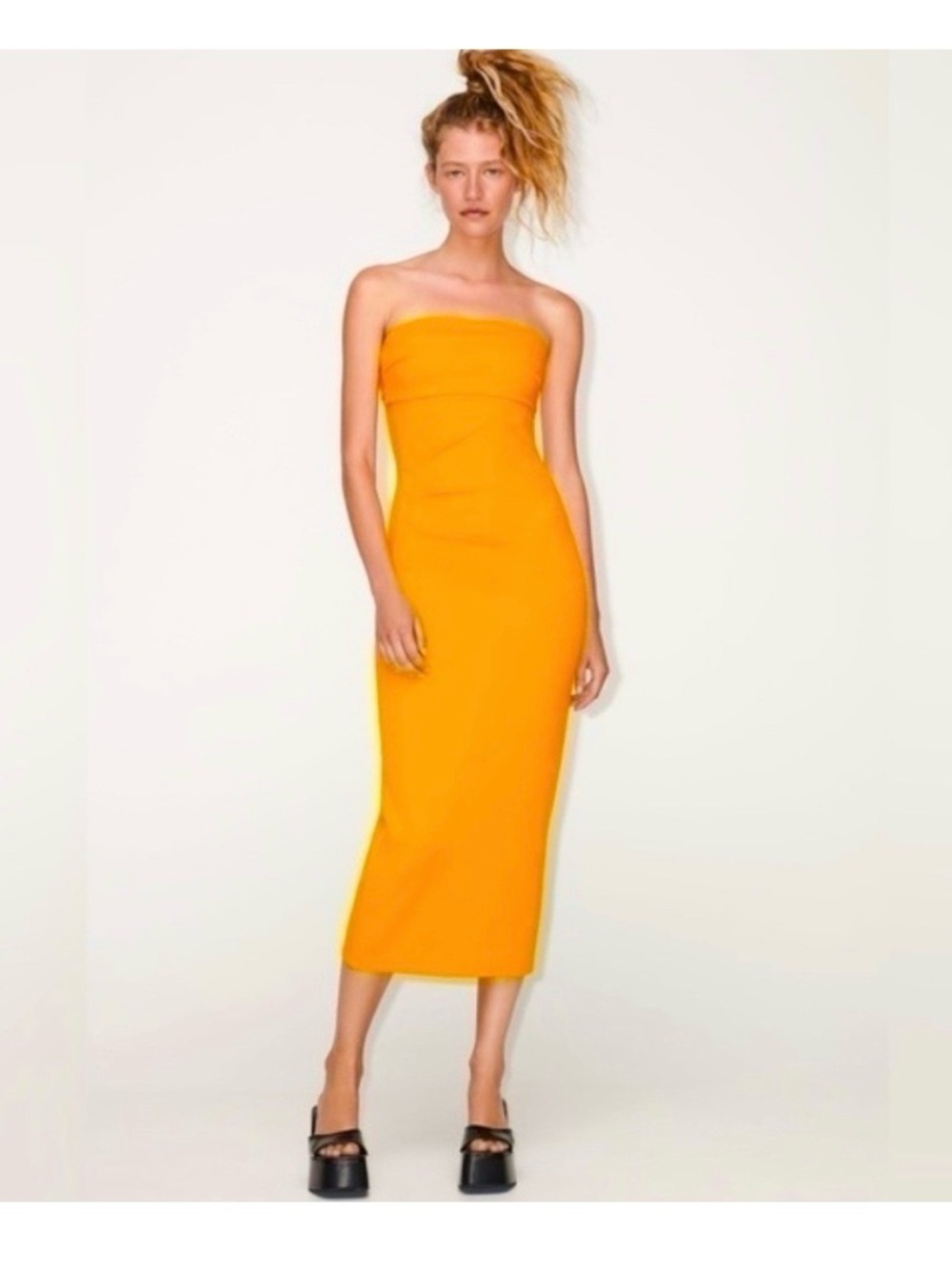 Zara tangerine 🍊 Strapless Midi bandeau Dress S